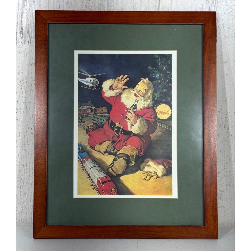 Coca-Cola Santa Claus Train Framed Art Print 12x15 Vintage Christmas Decor